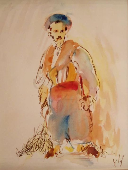 Disegno intitolato "Cavalier arabe" da Mohamed Barnat, Opera d'arte originale, Acquarello