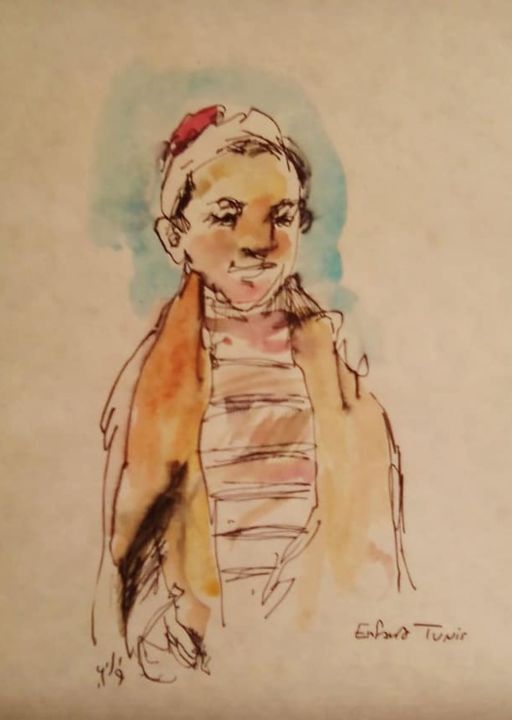 Disegno intitolato "Enfant maure" da Mohamed Barnat, Opera d'arte originale, Acquarello
