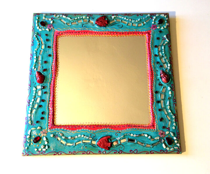 miroir "poissons du lagon" peinture, céramique ,mosaïque 设计, 18.1x18.1 in