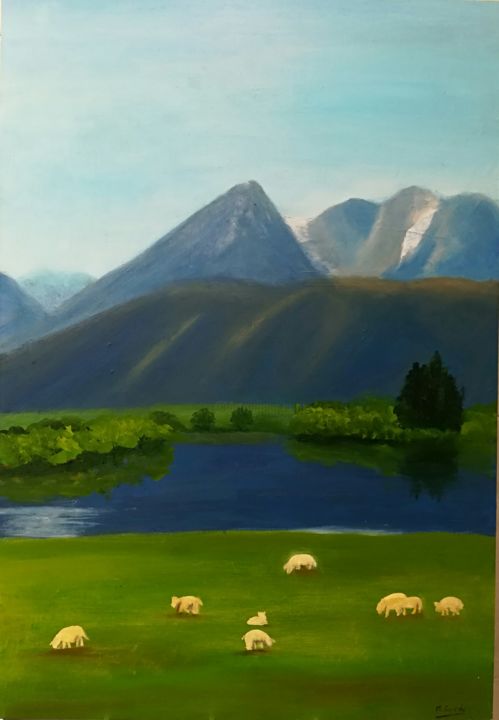 「New Zealand」というタイトルの絵画 Mercedes Gordoによって, オリジナルのアートワーク, オイル