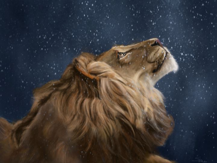 Arts numériques intitulée "Lion in The Snow" par Sara-Rahel Roulet, Œuvre d'art originale, Peinture numérique