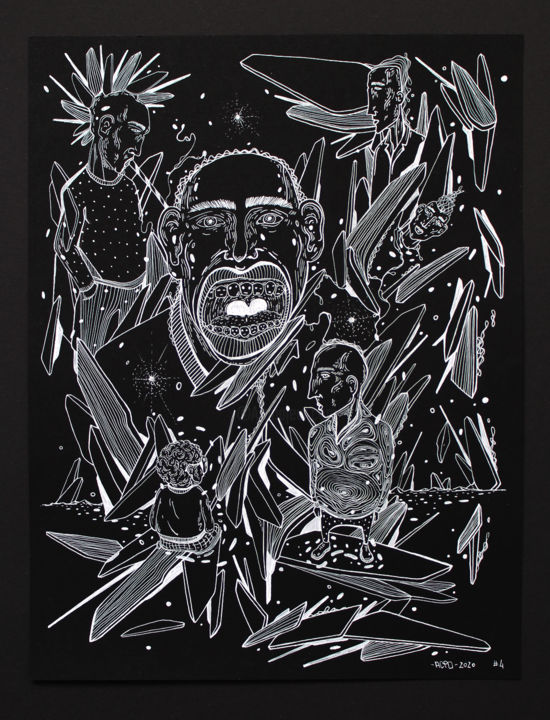 Drawing titled "White on Black seri…" by Sergei Dergaev, Original Artwork, Gel pen