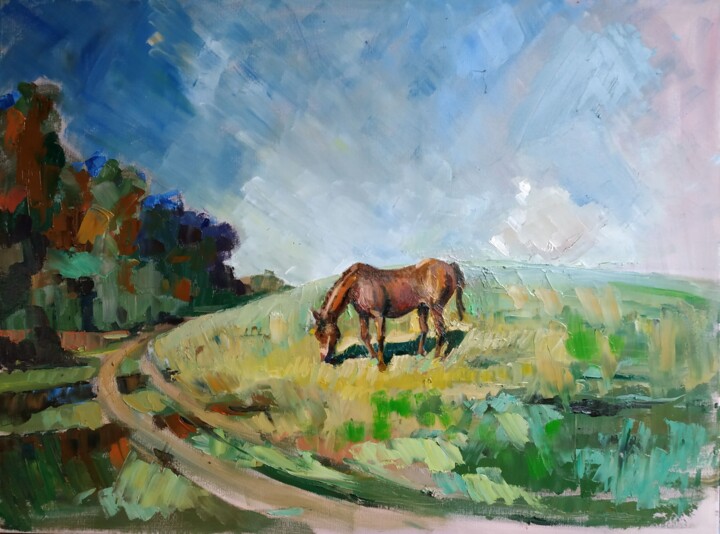 Painting titled "Мирная жизнь под Ми…" by Nina Silaeva, Original Artwork, Oil