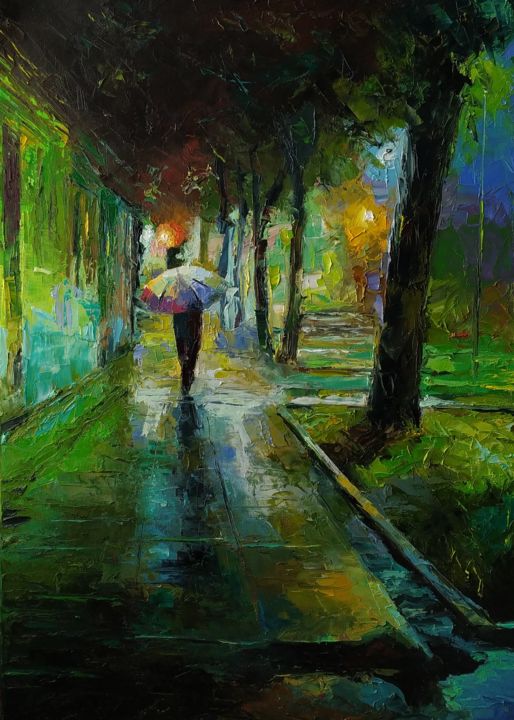 Painting titled "Rainy Evening" by Serhii Simkhe, Original Artwork, Oil Mounted on Wood Stretcher frame
