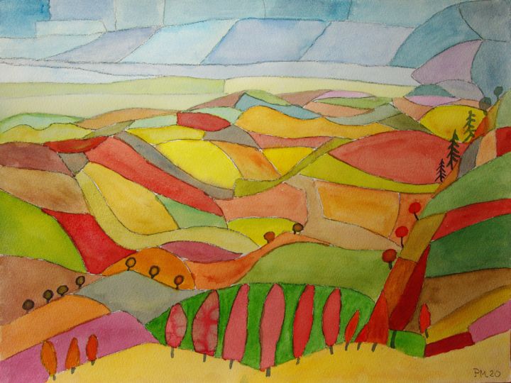 Peinture intitulée "paysage d' automne" par Philip Moreau, Œuvre d'art originale, Aquarelle