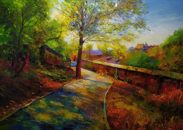 Painting titled "On the hill" by Serhii Simkhe, Original Artwork, Oil Mounted on Wood Stretcher frame
