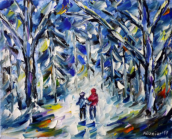 Kinder im Winterwald 绘画, 9.5x11.8 in