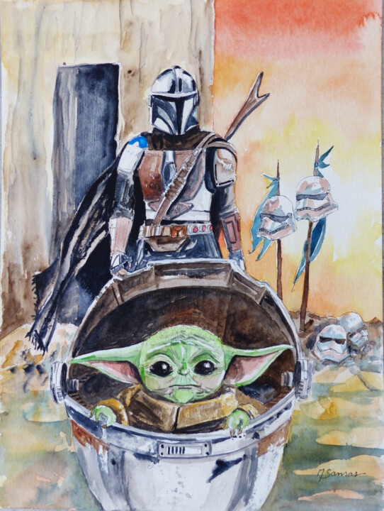 Mando et Baby Yoda 绘画, 12.6x9.5 in
