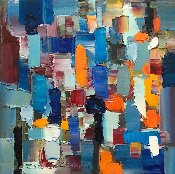 Painting titled "Blue symphonie" by Dam Domido, Original Artwork, Oil Mounted on Wood Stretcher frame