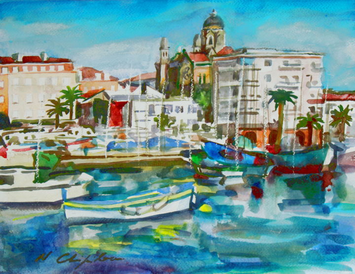 Peinture intitulée "Port de Saint-Rapha…" par Nathalia Chipilova, Œuvre d'art originale, Aquarelle