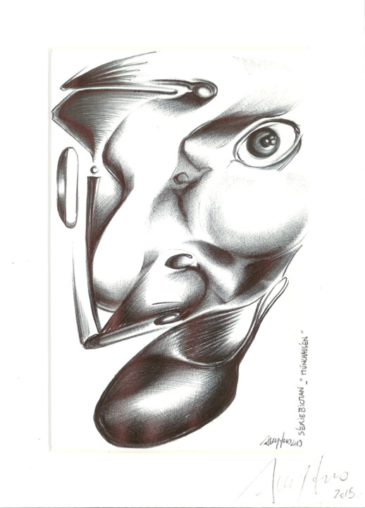 Dessin intitulée "" Munchausen " - Sé…" par Grégory Dreyfus, Œuvre d'art originale, Stylo à bille Monté sur Autre panneau ri…