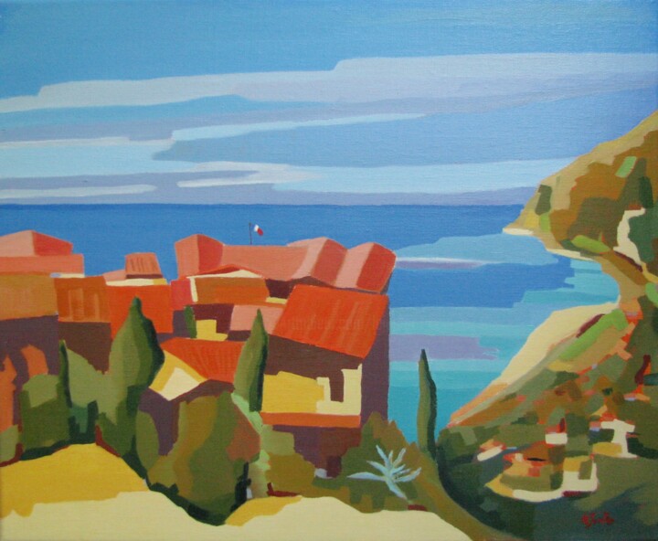 Peinture intitulée "Les toits d'Eze 2" par Jean-Noël Le Junter, Œuvre d'art originale, Huile Monté sur Châssis en bois