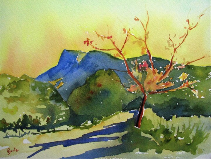 Peinture intitulée "Le Pic Saint-Loup v…" par Jean-Noël Le Junter, Œuvre d'art originale, Aquarelle Monté sur Panneau de bois