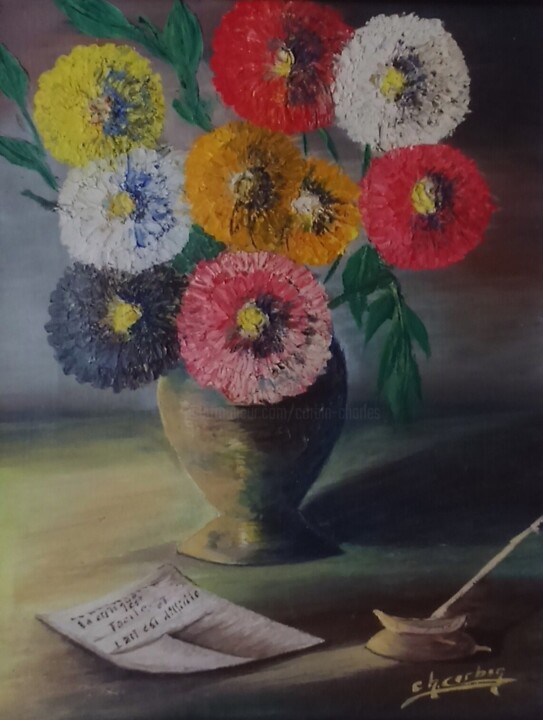 Peinture intitulée "Un bouquet de soucis" par Charles Corbin, Œuvre d'art originale, Huile