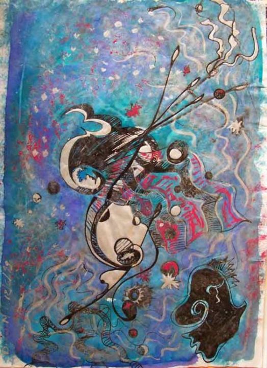 Pintura intitulada "Figure sur fond bleu" por Diane Medus, Obras de arte originais