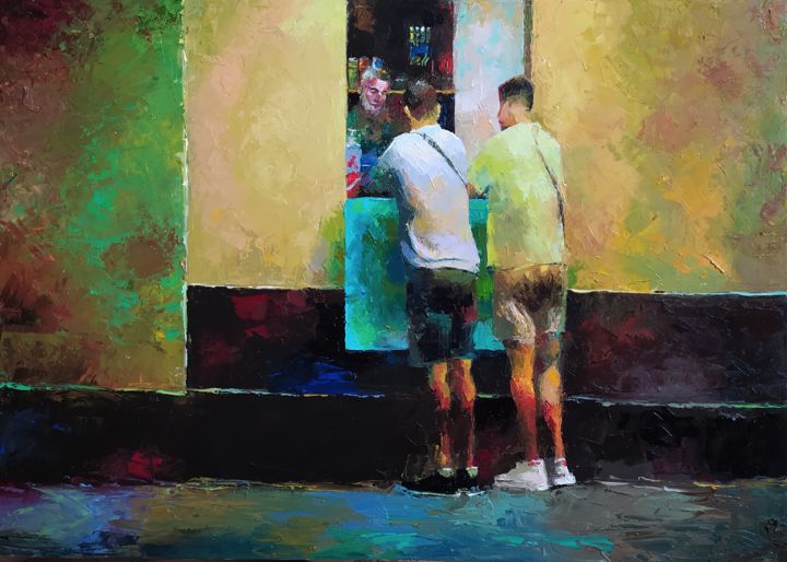Painting titled "Beer On Tap" by Serhii Simkhe, Original Artwork, Oil Mounted on Wood Stretcher frame