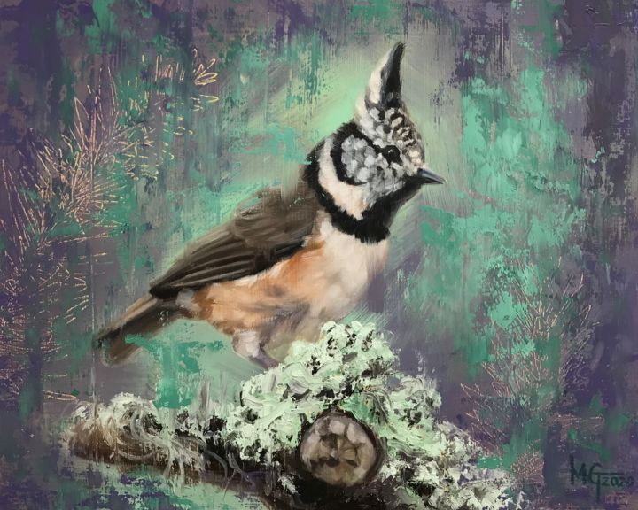 Crested Tit with Lichen 绘画, 8x10 in