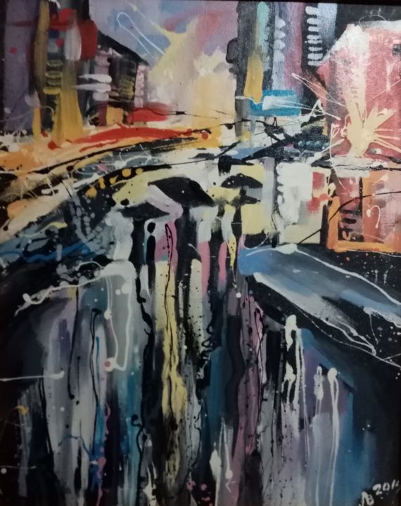 Ночной город 绘画, 35.4x28.4 in