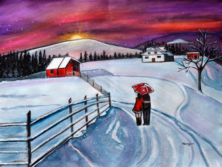 Christmas romance in the snow acrylic winter painting 绘画, 18x24 in