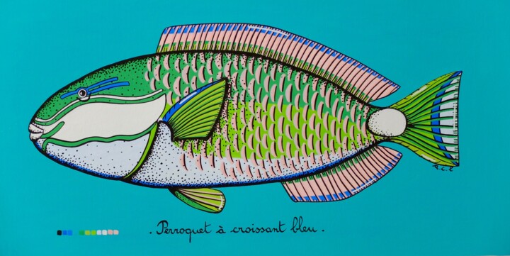 ACL546,Poisson Perroquet à croissant bleu, fond turquoise 绘画, 5.9x11.8 in