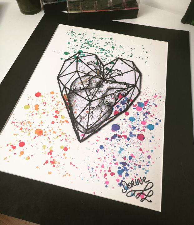 Painting titled "Le coeur" by Les Couleurs De Dorine, Original Artwork, Watercolor Mounted on Cardboard