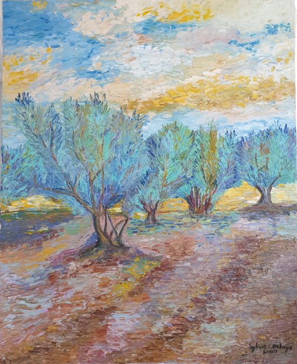 Peinture intitulée "Champ d'oliviers en…" par Sylvie Delaye, Œuvre d'art originale, Huile