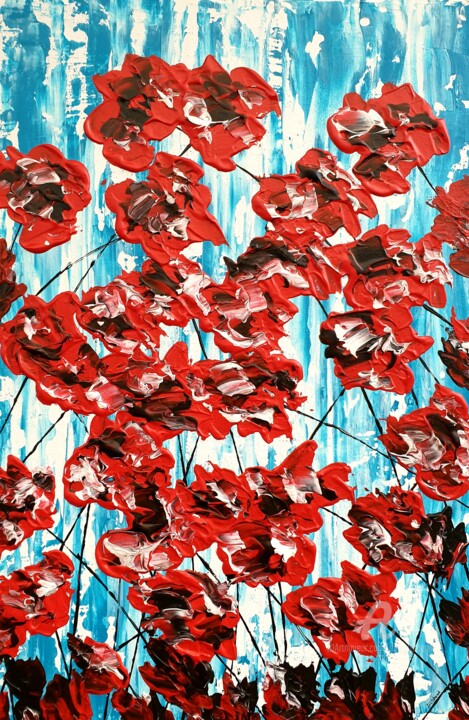 Poppies On Blue 2 绘画, 23.6x15.8 in
