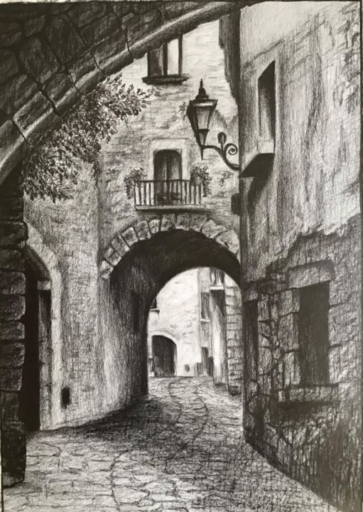 Drawing titled "Городской пейзаж" by Nata Kozina, Original Artwork, Pencil