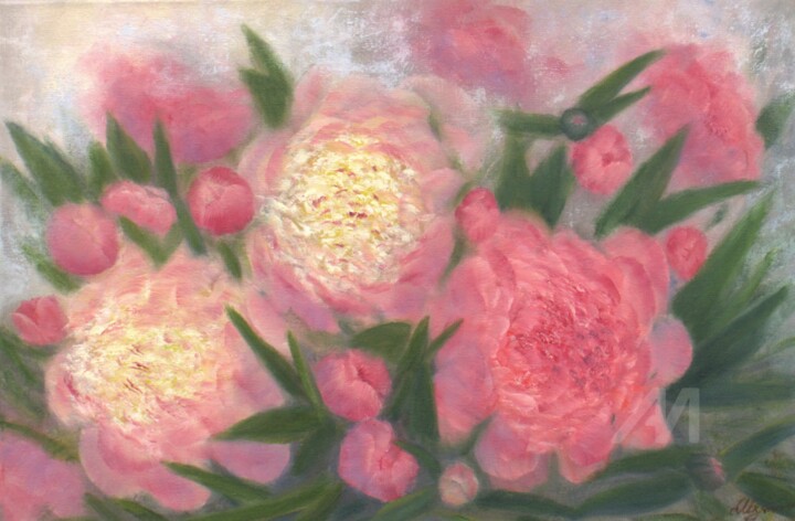 Malerei mit dem Titel "Delicate peonies" von Ludmilla Ukrow, Original-Kunstwerk, Öl Auf Keilrahmen aus Holz montiert