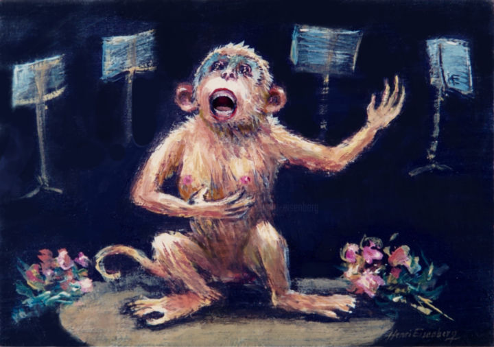 Singe cantatrice 绘画, 4.3x6.3 in