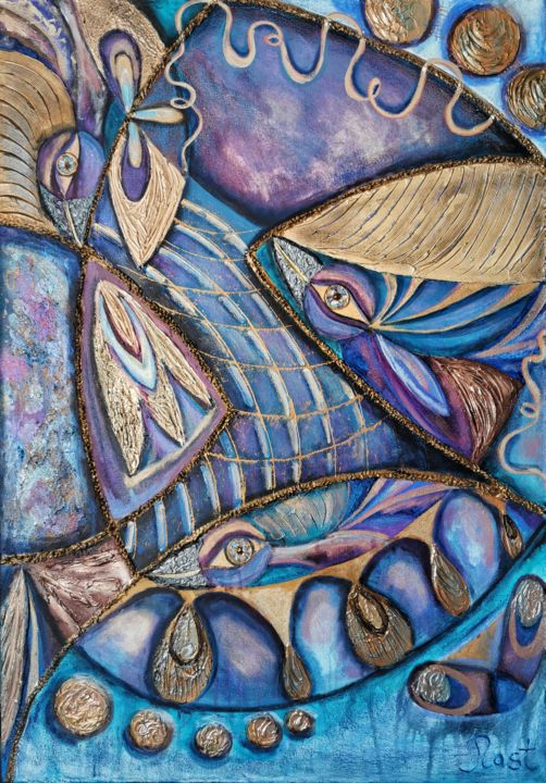 Peinture intitulée ""EITHER FISH OR BIR…" par Anastasia Lesyuk, Œuvre d'art originale, Acrylique Monté sur Châssis en bois