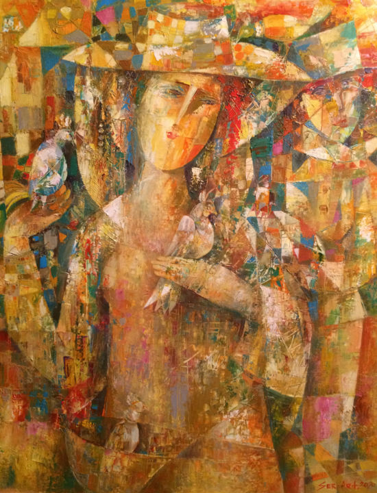 Girl portrait with birds (60x80cm oil/paper) 绘画, 31.5x23.6 in