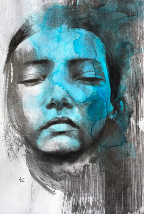 Painting titled "Endormie bleue" by Madeline Berger (MadB), Original Artwork, Graphite