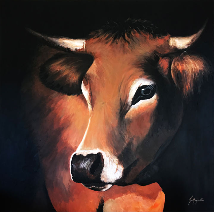vache d'aubrac portrait 绘画, 31.5x31.5 in