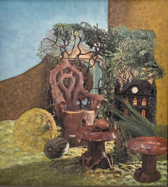 Κολάζ με τίτλο "Le salon champignon…" από Anne Vidal, Αυθεντικά έργα τέχνης, Κολάζ Τοποθετήθηκε στο Ξύλινο φορείο σκελετό
