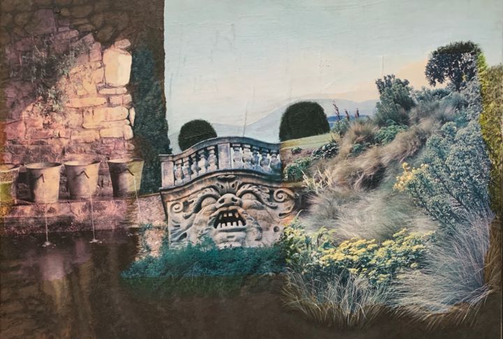 Κολάζ με τίτλο "A la claire fontaine" από Anne Vidal, Αυθεντικά έργα τέχνης, Κολάζ Τοποθετήθηκε στο Ξύλινο φορείο σκελετό