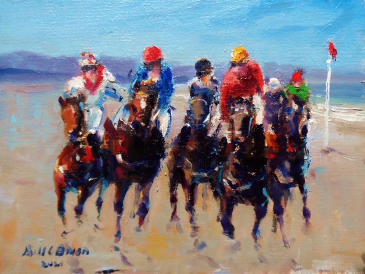 Laytown Horse Racing on Beach 绘画, 7.1x9.5 in