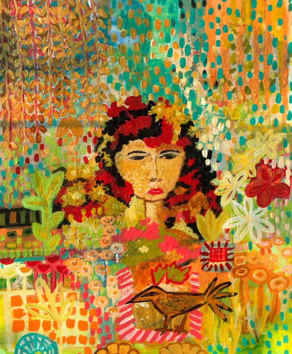 fille dans le jardin 绘画, 17x13 in