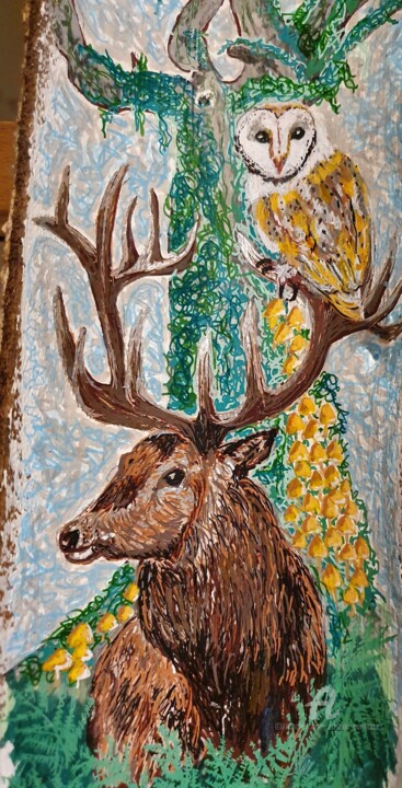 animaux totems Cerf et Chouette Effraie 绘画, 14.4x4.1 in