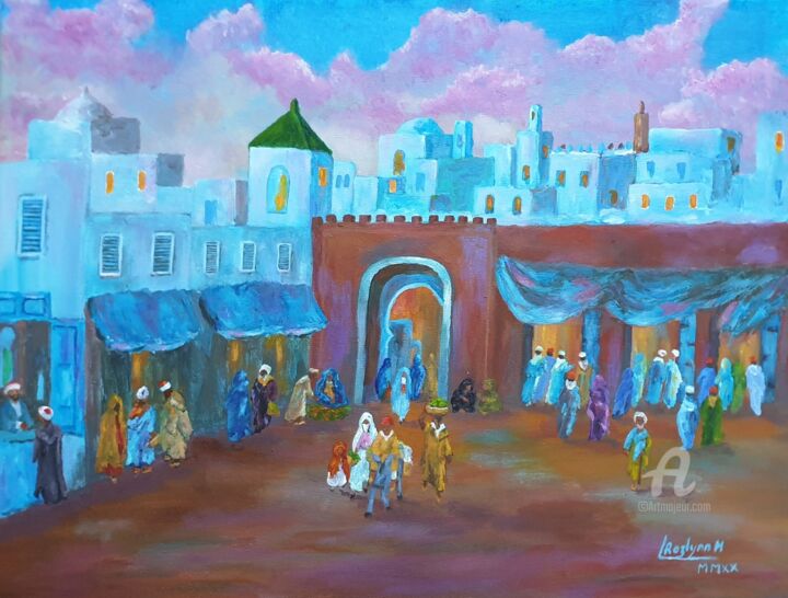 Painting titled "Sundown at the Baza…" by L'Orientaliste, Original Artwork, Acrylic