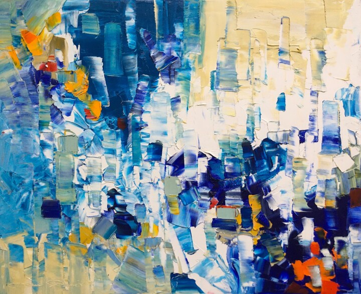 Painting titled "Blue dawn" by Dam Domido, Original Artwork, Oil Mounted on Wood Stretcher frame