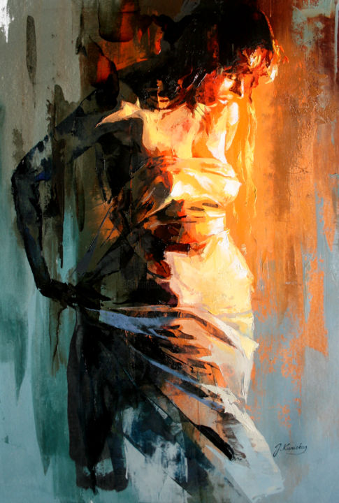 Painting titled "JK21-0113 Near Fire…" by Jonas Kunickas, Original Artwork, Oil Mounted on Wood Stretcher frame