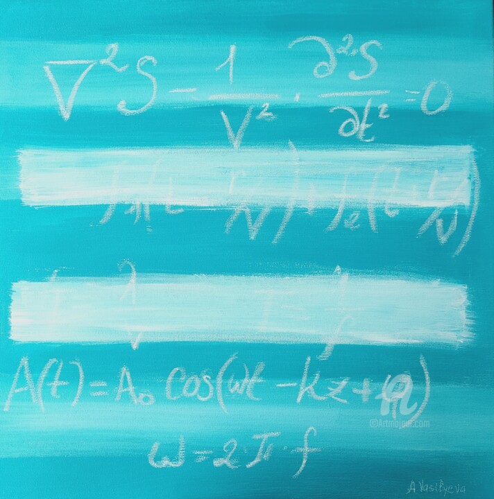 Aqua field with two white stripes 绘画, 19.7x19.7 in