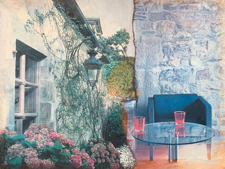 Κολάζ με τίτλο "Salon de jardin" από Anne Vidal, Αυθεντικά έργα τέχνης, Κολάζ Τοποθετήθηκε στο Ξύλινο φορείο σκελετό