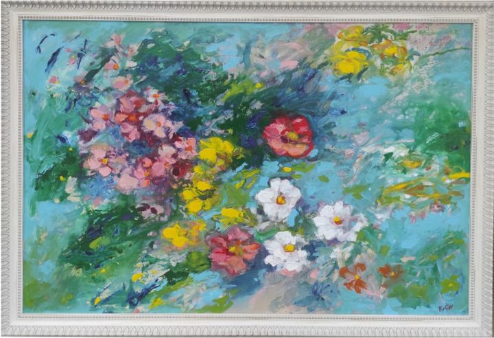 Schilderij getiteld "Flowers" door Krum Kostov, Origineel Kunstwerk, Olie Gemonteerd op Frame voor houten brancard