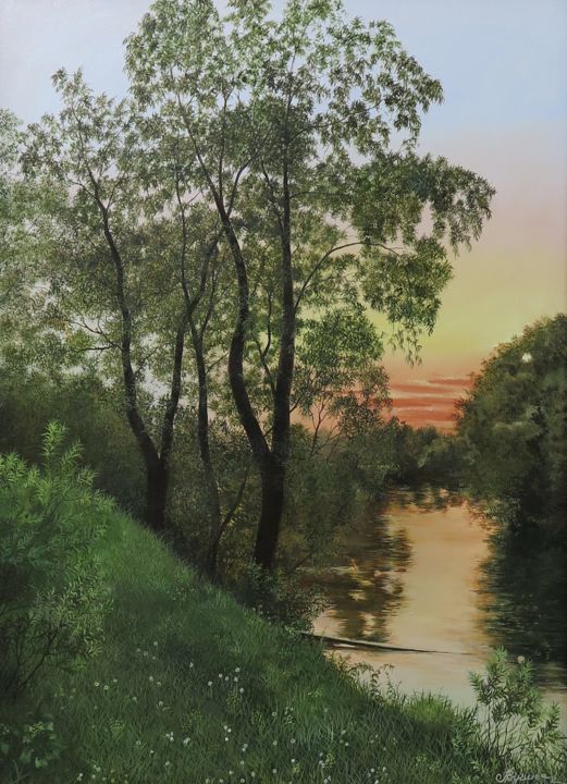 Sunset on the River 绘画, 35.4x23.6 in