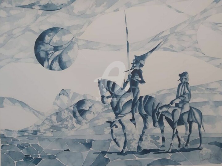 DON QUICHOTE ET SANCHO PANZA 绘画, 16.9x22.8 in