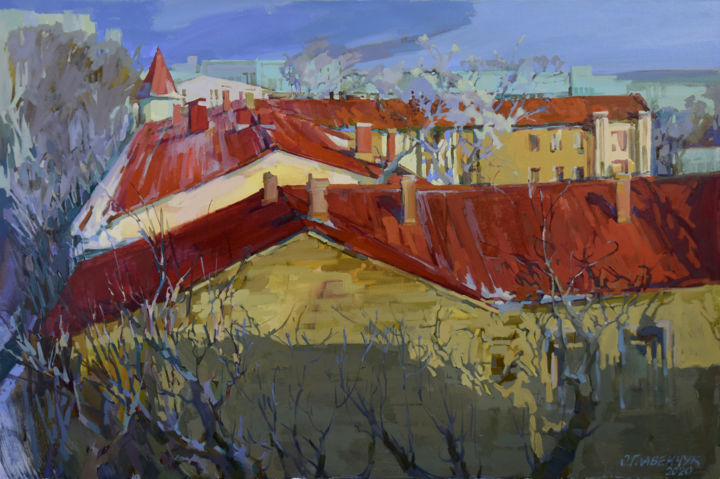 Schilderij getiteld "Odessa winter" door Elena Hlavenchuk, Origineel Kunstwerk, Olie Gemonteerd op Frame voor houten brancard