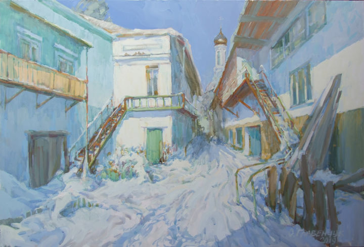 Schilderij getiteld "Sudden snow" door Elena Hlavenchuk, Origineel Kunstwerk, Olie Gemonteerd op Frame voor houten brancard