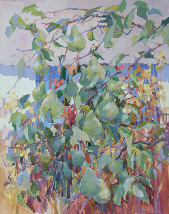 Schilderij getiteld "Midday pears" door Elena Hlavenchuk, Origineel Kunstwerk, Olie Gemonteerd op Frame voor houten brancard